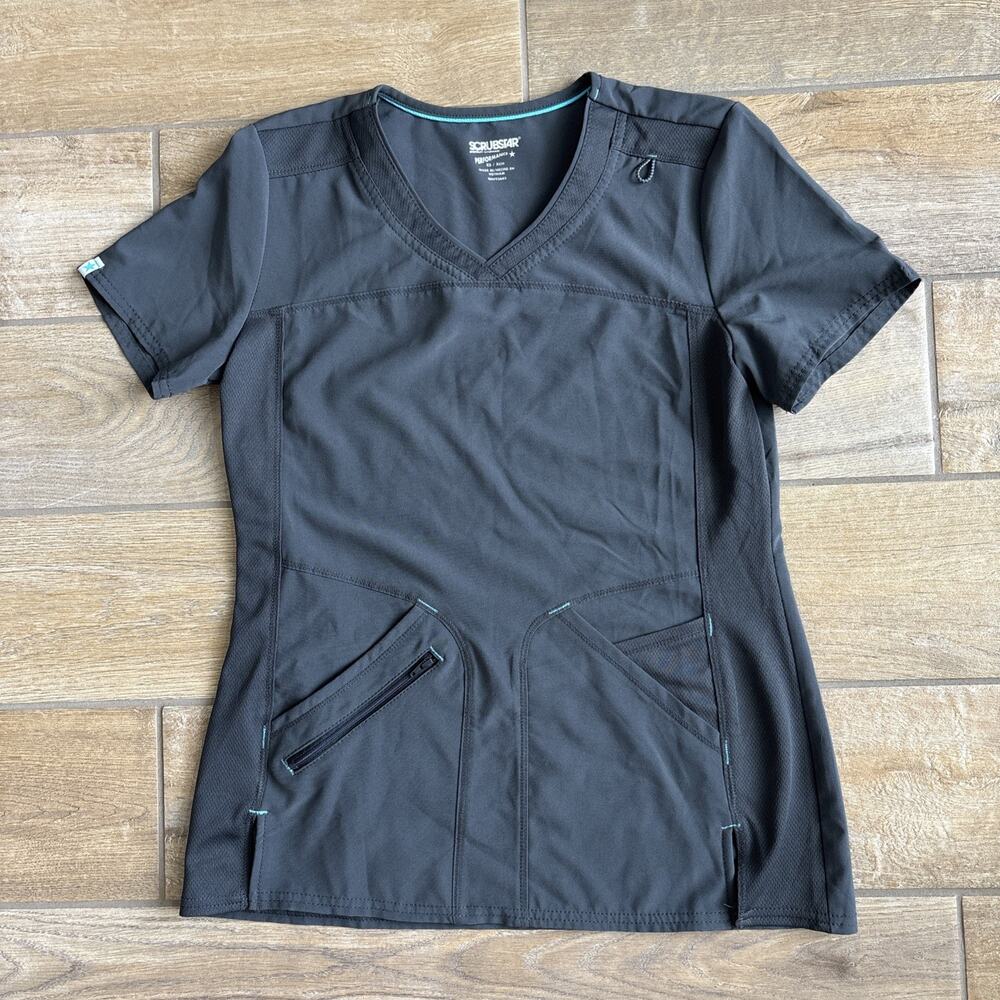 Scrubstar Performance Scrub Top Womens XS‎ Gray V-Neck Mesh Side Panels Pockets